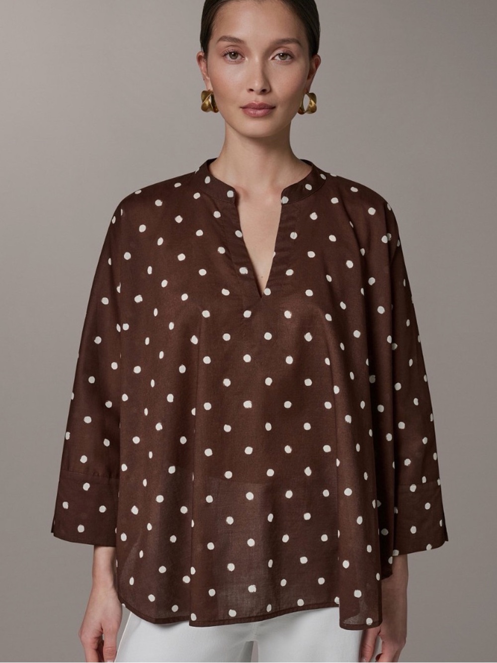 Donna Karan Brown and White Polka Dot Print Split-Neck Blouse Loose Fit - Picture 3 of 11